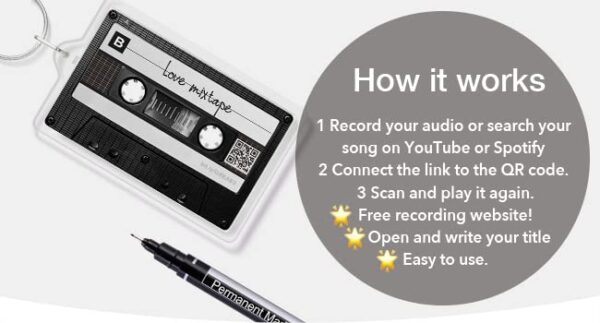 Retro Cassette Tape Keychain with QR Code Link to Your Song or Recording | Acrylic Key Chain, Birthday Gift for Music Lover and Men, Valentines Day Gift Black 5 * 7.1cm - Image 4