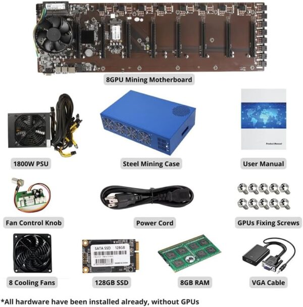 GPU Mining Rig Case, Complete Mining Systerm for ETC/Ergo/Raven Coin Crypto Mining with 8 GPU Mining Motherboard, 1800W PSU(110v-220v), 8 Fans, RAM, SSD, CPU(Excluding GPUs) -Blue - Image 6
