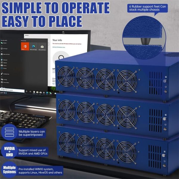 GPU Mining Rig Case, Complete Mining Systerm for ETC/Ergo/Raven Coin Crypto Mining with 8 GPU Mining Motherboard, 1800W PSU(110v-220v), 8 Fans, RAM, SSD, CPU(Excluding GPUs) -Blue - Image 2