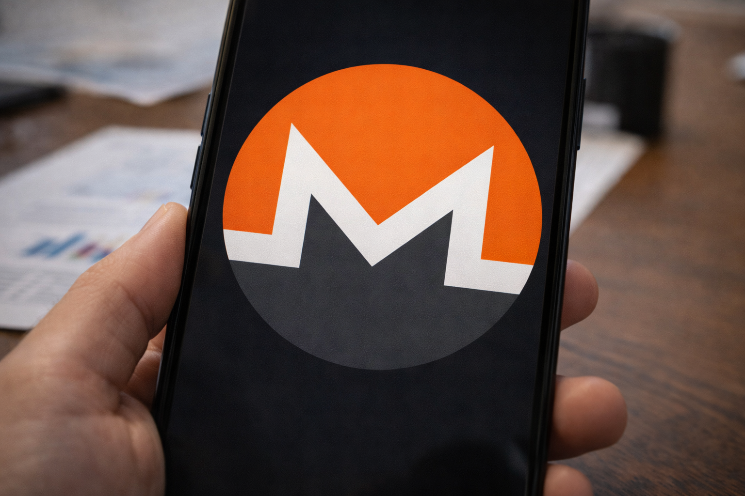 A smartphone held in hand displays the Monero cryptocurrency logo on its screen, with financial documents blurred in the background.
