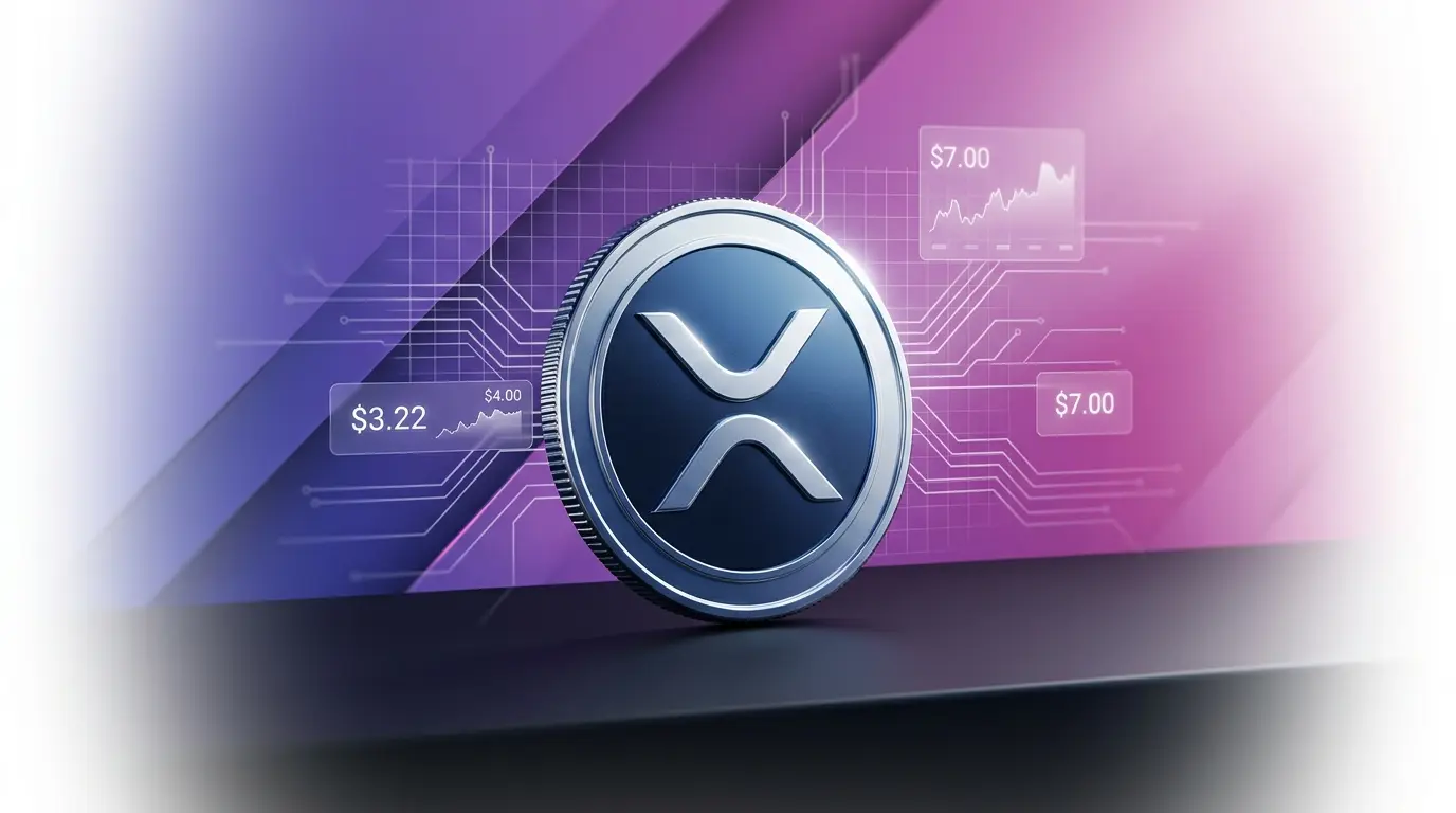 XRP cryptocurrency coin with purple-magenta gradient backdrop and holographic price data visualization