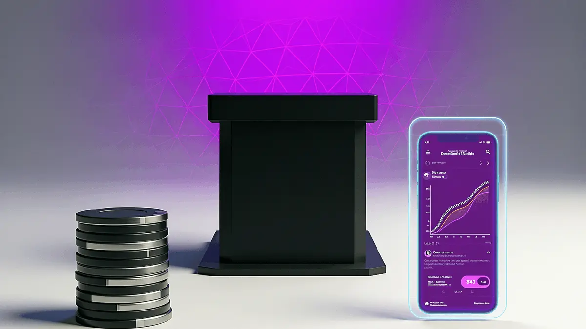 Senate podium with digital grid, casino chips, and prediction market interface in purple gradient lighting