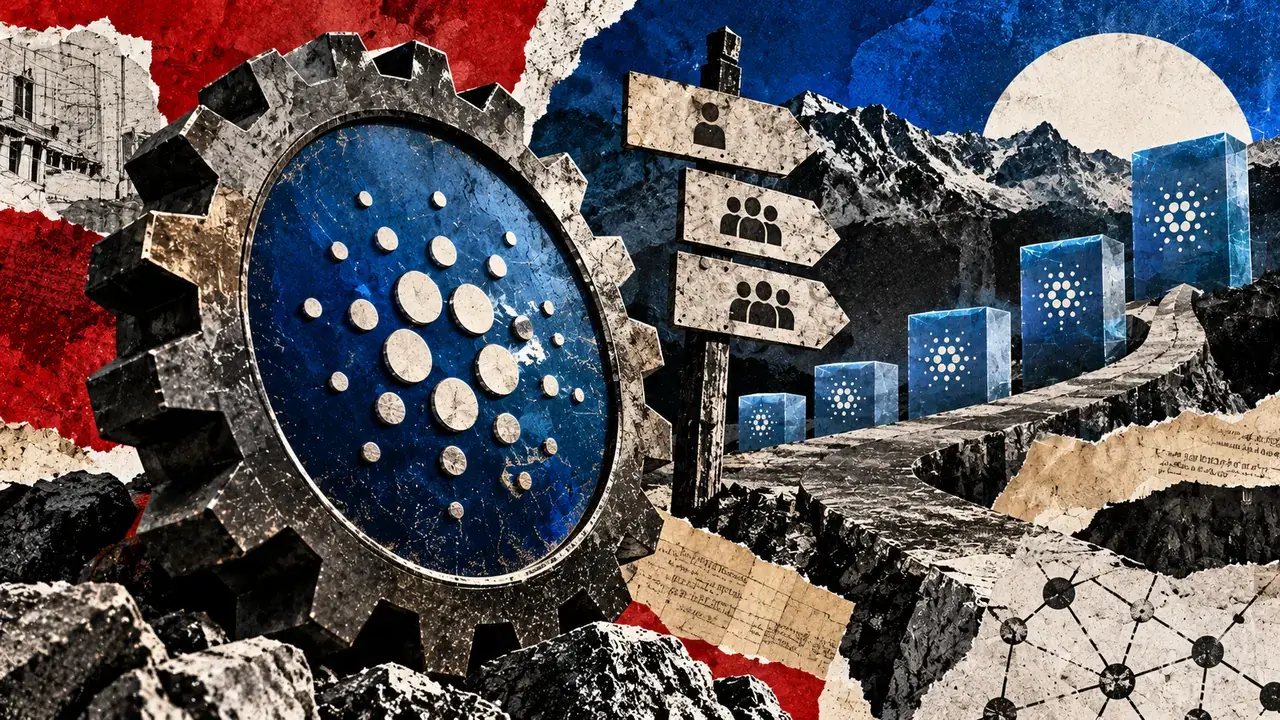 Editorial collage of a Cardano emblem beside a winding stone path, rising network blocks, and voting symbols representing phased scaling.