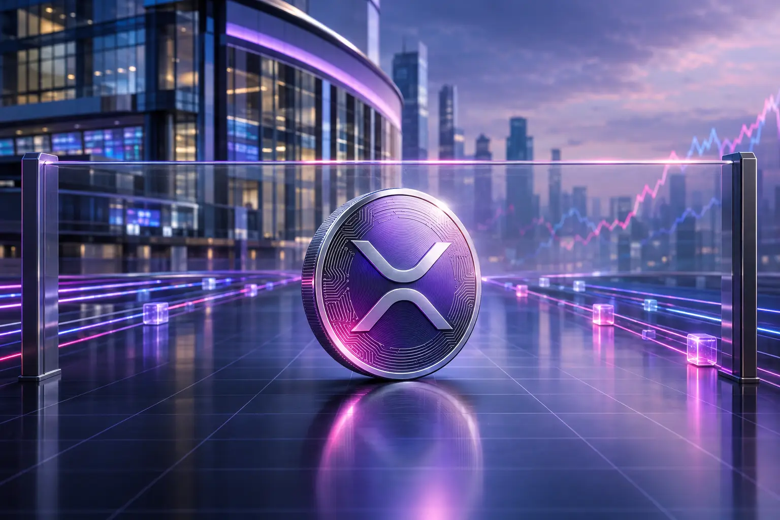 XRP-inspired digital asset beneath a resistance barrier beside institutional exchange and ledger infrastructure