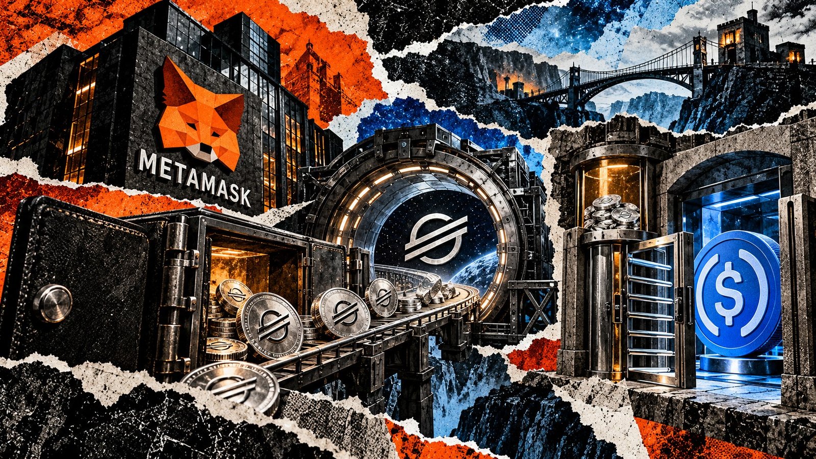 Editorial collage of MetaMask funding a Stellar account with XLM before opening access to receive USDC.
